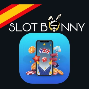 Logotipo de SlotBunny Casino sobre un móvil que muestra fichas de casino, dados y estrellas.