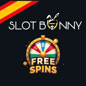 Logotipo de SlotBunny Casino sobre una ruleta colorida que muestra giros gratis.