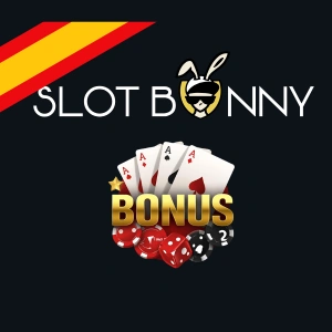 Logotipo de Slot Bunny Casino con texto de bono y cartas de juego.