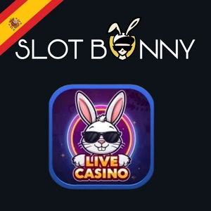 Logotipo de SlotBunny Casino con una mascota de conejo genial y la etiqueta "Casino en Vivo".