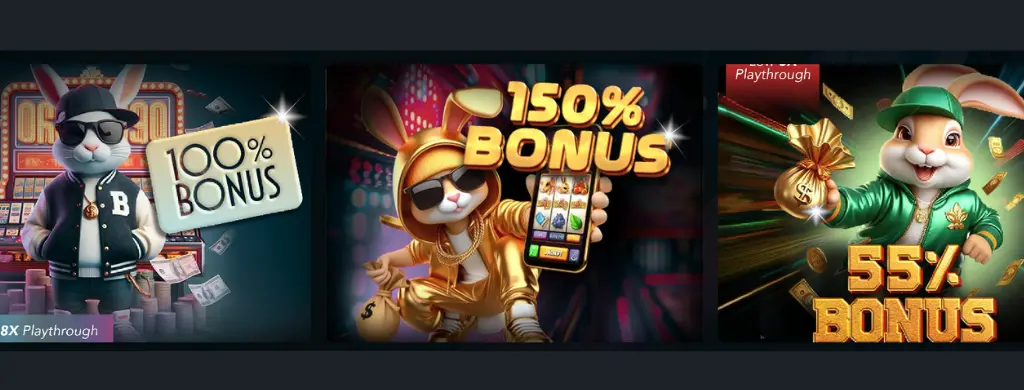 Bonos promocionales de Slot Bunny Casino con un simpático personaje de conejo.
