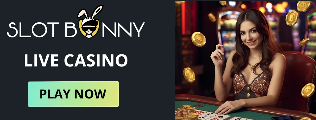 Imagen promocional del casino en vivo de SlotBunny Casino, con una crupier glamurosa y un botón de "Jugar ahora".