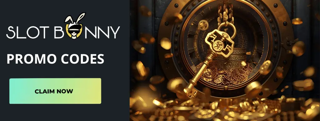Logotipo de SlotBunny Casino con una llave abriendo una bóveda llena de monedas y un botón de "Reclamar ahora".