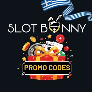 Το λογότυπο του SlotBunny Casino πάνω από ένα κουτί δώρου γεμάτο τραπουλόχαρτα, μια ρουλέτα και το κείμενο "Promo Codes."