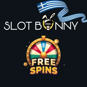 Το λογότυπο του SlotBunny Casino πάνω από έναν πολύχρωμο τροχό που εμφανίζει δωρεάν περιστροφές.