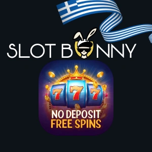 Λογότυπο του SlotBunny Casino πάνω από ένα γραφικό που γράφει "Δωρεάν Περιστροφές Χωρίς Κατάθεση" με φρουτάκι.