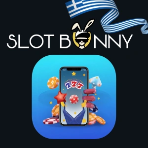Λογότυπο του SlotBunny Casino πάνω από κινητό τηλέφωνο που εμφανίζει μάρκες καζίνο, ζάρια και αστέρια.