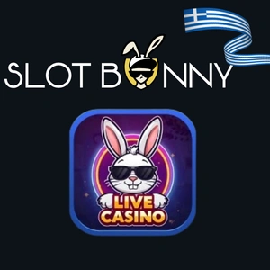Λογότυπο του SlotBunny Casino με μια δροσερή μασκότ κουνέλι και την ένδειξη "Live Casino".