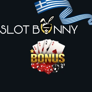 Λογότυπο του Slot Bunny Casino με κείμενο μπόνους και τραπουλόχαρτα.