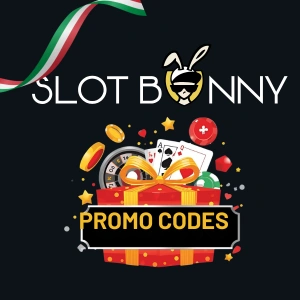 Logo di SlotBunny Casino sopra una scatola regalo piena di carte da gioco, una roulette e la scritta "Codici Promo.