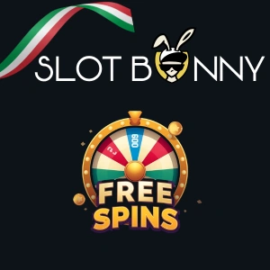 Logo di SlotBunny Casino sopra una ruota colorata che mostra i giri gratis.
