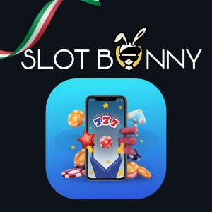 Logo di SlotBunny Casino sopra uno smartphone che mostra fiches da casinò, dadi e stelle.