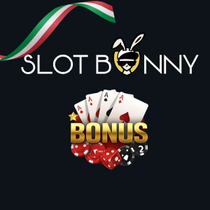 Logo Slot Bunny Casino con testo bonus e carte da gioco.