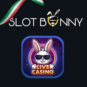 Logo di SlotBunny Casino con una mascotte coniglio cool e l’etichetta "Live Casino".