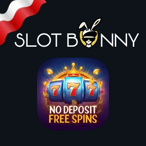 Logo kasyna SlotBunny nad grafiką z napisem „Darmowe spiny bez depozytu” i automatem do gry.