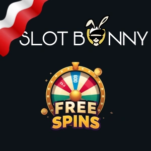 Logo SlotBunny Casino nad kolorowym kołem fortuny z widocznymi darmowymi spinami.