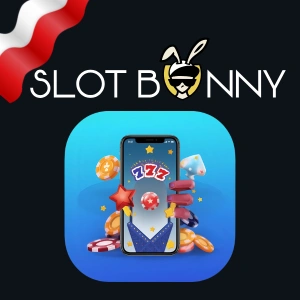Logo SlotBunny Casino nad smartfonem z żetonami kasynowymi, kośćmi i gwiazdkami.