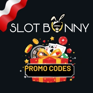 Logo SlotBunny Casino nad pudełkiem prezentowym wypełnionym kartami do gry, kołem ruletki oraz napisem „Kody promocyjne”.