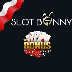 Logo Slot Bunny Casino z napisem o bonusie i kartami do gry.