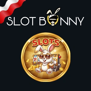 Logo Slot Bunny Casino z wesołym królikiem w okularach przeciwsłonecznych i automatem do gry, podkreślające nacisk marki na internetowe gry slotowe i bonusy.