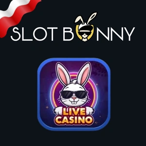 Logo kasyna SlotBunny z sympatycznym królikiem i napisem „Kasyno na żywo”.