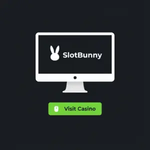 SlotBunny Casino homepage with a monitor displaying the 'Visit Casino' button.