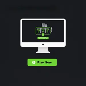 SlotBunny Casino play now button with a monitor showing a slot machine and withdrawal option.