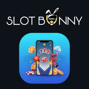 SlotBunny Casino logo above a mobile phone displaying casino chips, dice, and stars.