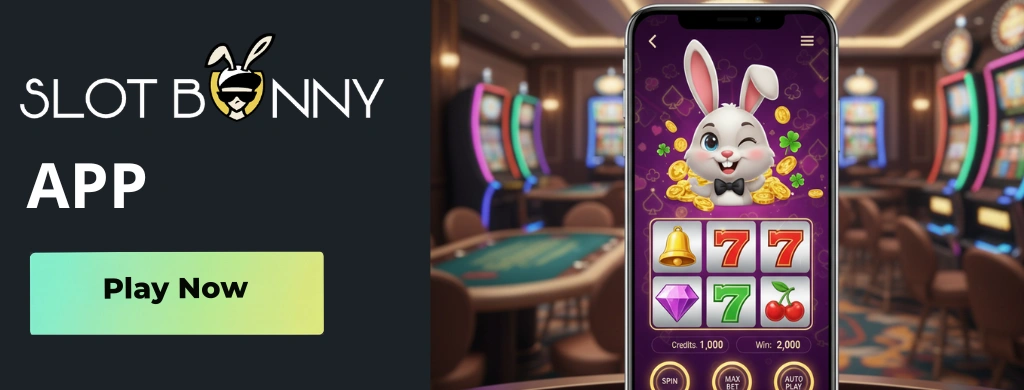 SlotBunny Casino mobile walkthrough showing a smartphone screen with steps to visit and get started.