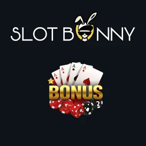 Slot Bunny Casino logo with bonus text and playing cards.