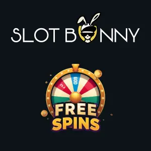SlotBunny Casino logo above a colorful wheel displaying free spins.