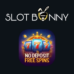 SlotBunny Casino logo above a graphic showing "No Deposit Free Spins" with a slot machine.