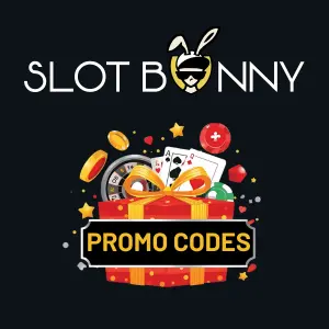 SlotBunny Casino logo above a gift box filled with playing cards, a roulette wheel, and the text "Promo Codes."